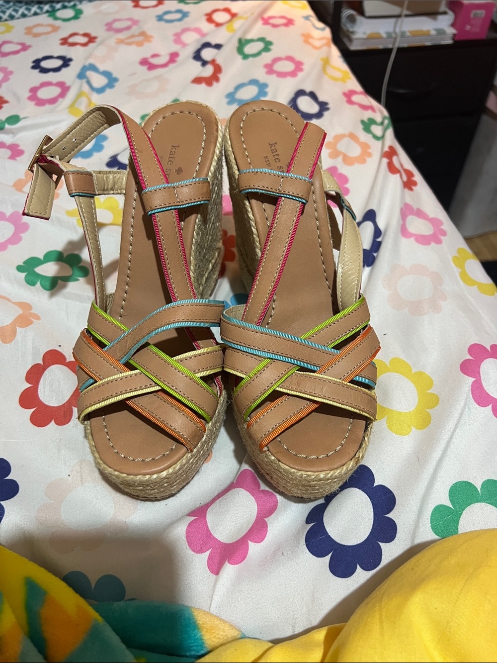 kate spade Tan Wedge Sandals with Neon Pink, Green, Blue & Orange Trim